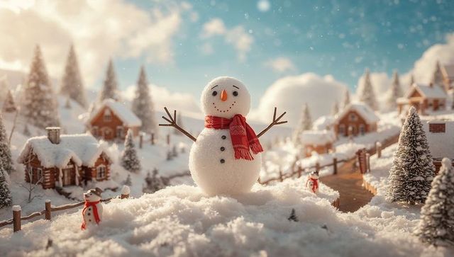 Charming snowman in picturesque winter village scene