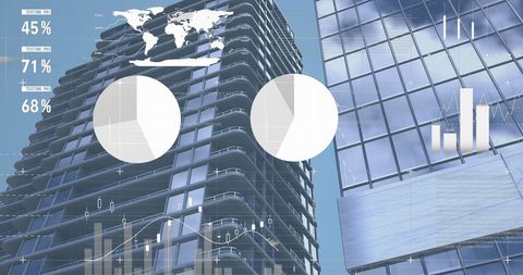 Financial data overlay on modern skyscrapers