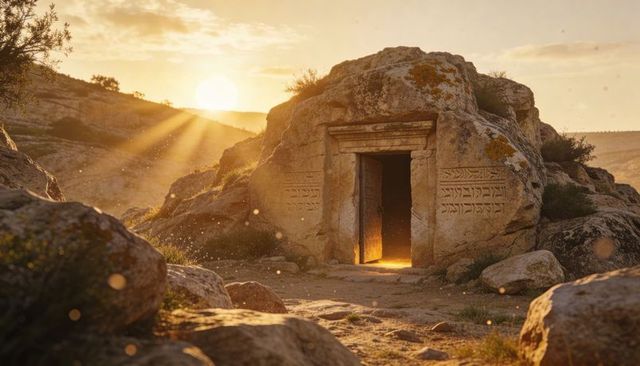 Glowing rock-cut tomb doorway emitting golden light at sunset with carved stone panels