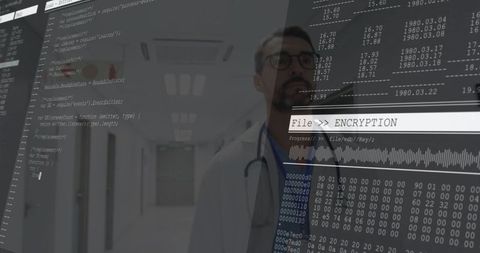 Doctor Examining Futuristic Encrypted Medical Data in Hospital Corridor