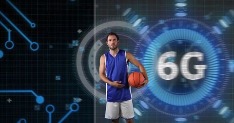 Basketball Player in Futuristic High-Tech Environment with 6G Overlay