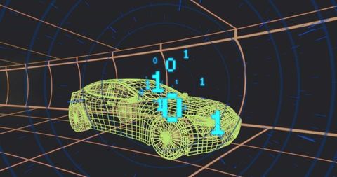 Neon Wireframe Car Racing Through Futuristic Digital Tunnel with Floating Holographic Binary Data