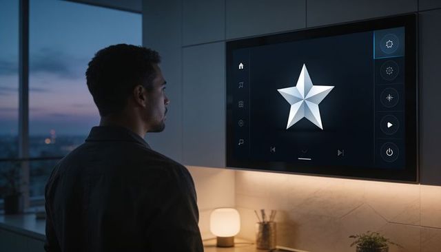 Man standing facing smart tv showing star interface in modern urban apartment twilight