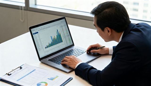 Asian businessman analyzing financial charts on laptop while reviewing reports at desk