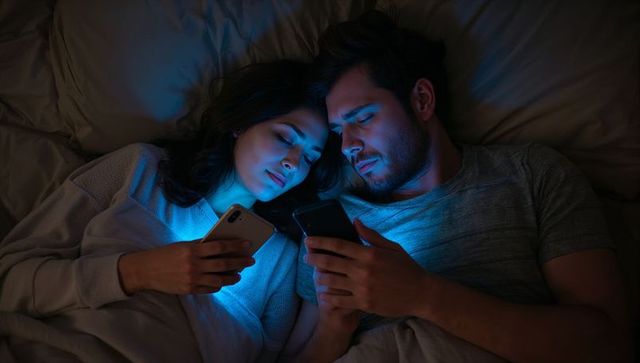 Couple Relaxing in Bed with Smartphones Under Soft Night Light