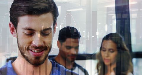 Caucasian Businessman in Office with Digital Financial Graph Overlay