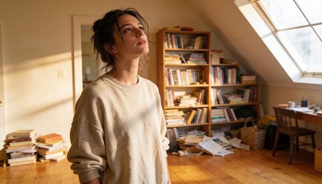 Sunlit loft study woman gazing at skylight amid books and cozy clutter, home office mood