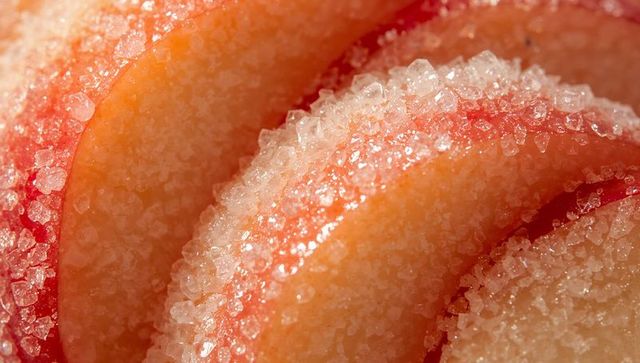 Glittering sugared peach slices macro crystal sugar coating on juicy stonefruit