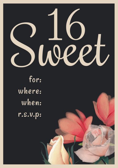 Floral sweet 16 invitation featuring elegant pastel flowers and black background. Ideal for celebrating milestone events like sweet 16 parties, weddings, and anniversaries. Customizable fields for event details provide flexibility for various occasions. Use this invite for formal and sophisticated event planning.