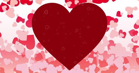 Large dark red heart over falling pink and red confetti hearts for valentine design
