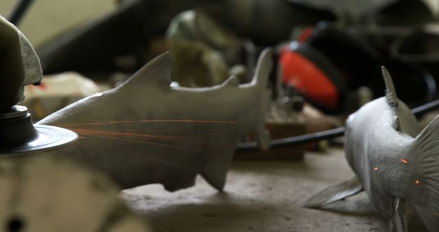 Workers Grinding Metal Shark Sculpture in Industrial Workshop - Download Free Stock Images Pikwizard.com