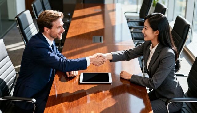 Executives shaking hands across conference table closing deal with tablet on table