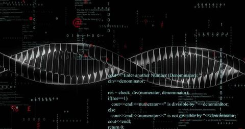 Futuristic 3d dna helix with streaming c++ code in digital space