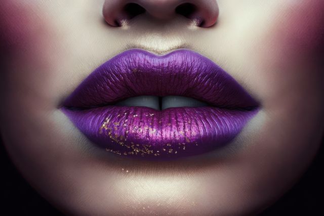 Close-up of woman's lips featuring vibrant purple lipstick with accents of gold glitter. This striking color combination and detailed texture highlight the elegance and precision of modern makeup art. Suitable for beauty and cosmetics advertisements, editorial content, and social media promotions focused on fashion and makeup trends.