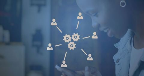 African american woman using smartphone with network icons overlay