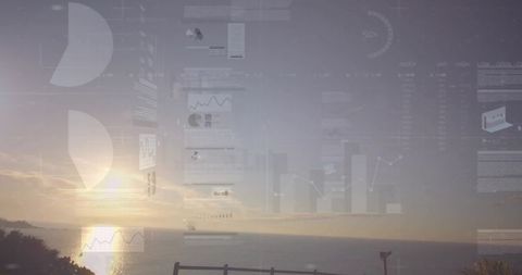 Sunset reflecting on ocean horizon with translucent analytics overlay blending nature tech