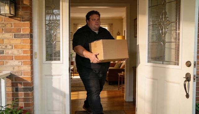 Delivery worker carrying cardboard box through front door into warmly lit family foyer