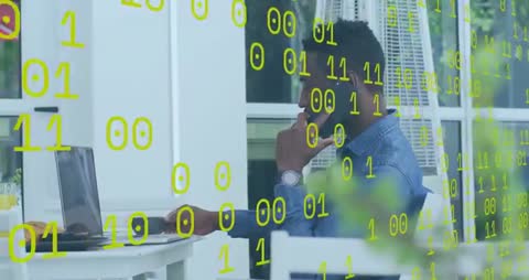 Businessman Communicating with Laptop and Phone, Binary Code Overlay