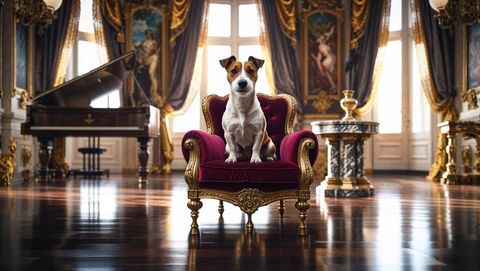 Jack russell terrier seated in luxurious aristocratic setting