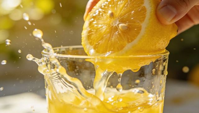 Hand squeezing lemon over glass with vivid juice splash in sunlight