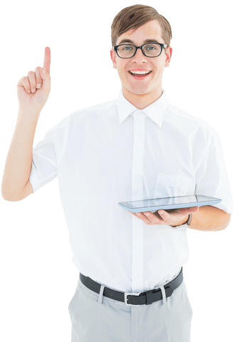 Cheerful hipster pointing up holding tablet on transparent background