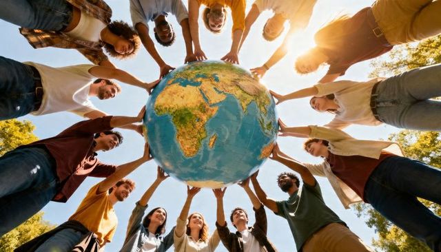 Diverse young adults holding globe in park symbolizing global unity and environmental action