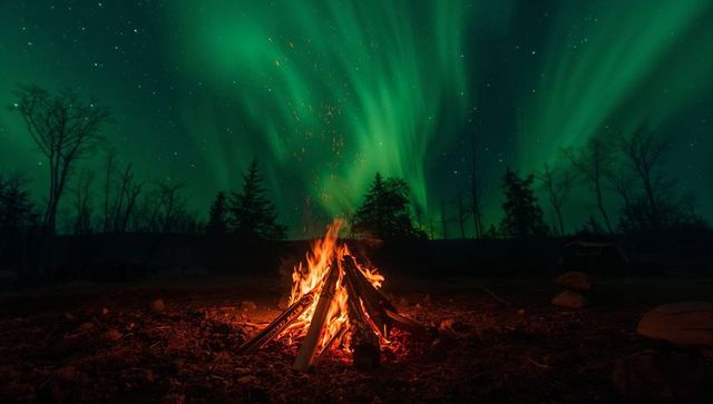 Campfire Burning Under Vivid Aurora Borealis Over Silent Pine Forest