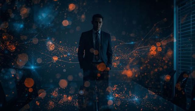 Executive standing in dark boardroom with glowing data particles and neon light trails