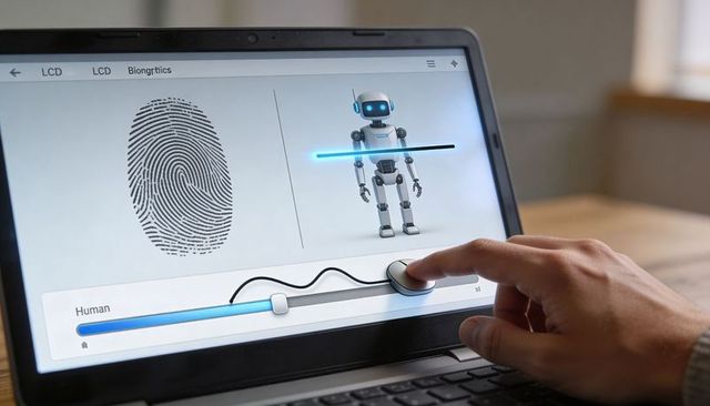Adjusting human-robot biometric slider on laptop screen for AI identity control