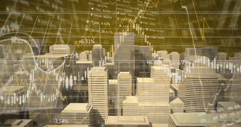 Financial Data Overlay on Cityscape Illustrates Global Market Trends
