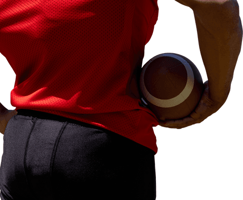 Athlete Holding Rugby Ball with Red Jersey on Transparent Background