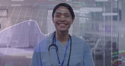 Smiling Female Doctor with Digital Interface Displaying Statistics