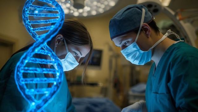 Surgeons Examining Holographic DNA Helix in Modern Operating Room