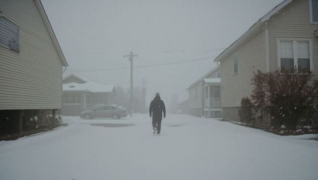 Lonely figure walking through heavy snowfall on quiet suburban street with fresh footprints