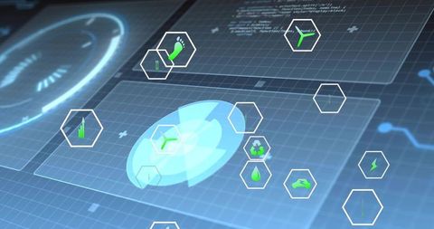 Displaying circular holographic radar on futuristic control dashboard with green hex icons