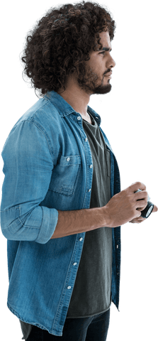 Transparent thoughtful male photographer holding camera