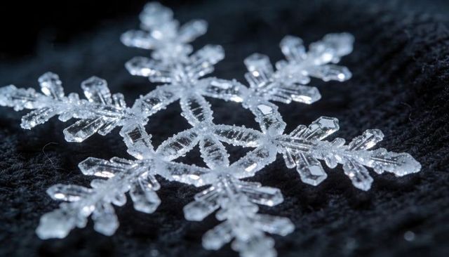 Macro crystal snowflake on dark knit fabric revealing hexagonal symmetry and icy facets