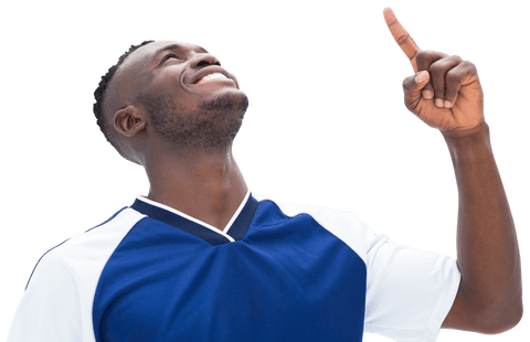 Joyful Football Player Pointing Up Against Transparent Background