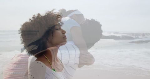 African American Family Playing and Meditation Double Exposure at Beach