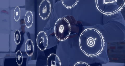 Businessman Interacting with Virtual Interface Touch Icons