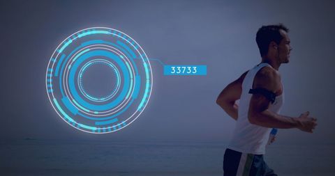 Advanced Fitness Technology: Man Running with Digital Display