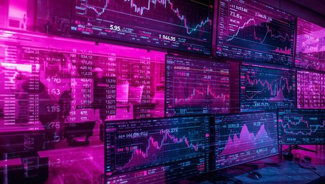 Trading desk monitors streaming market charts with vibrant lighting