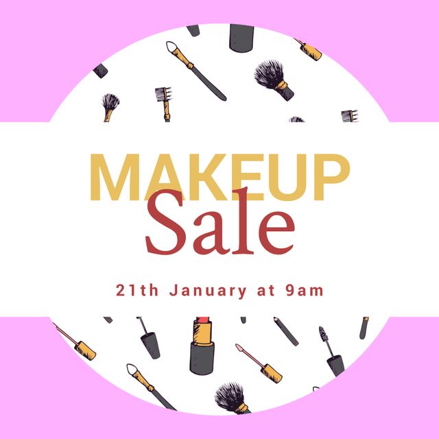 Ideal for promoting a makeup sale event. Appealing to beauty enthusiasts and consumers looking for cosmetic discounts. Highlights event date to inform potential customers.