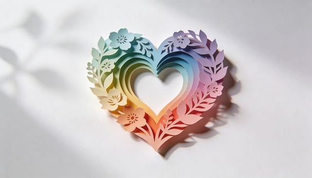 Layered paper-cut heart with floral cutouts casting soft shadows pastel rainbow gradient
