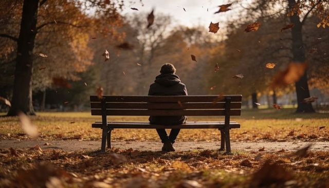 Solitary figure sitting on park bench amid drifting autumn leaves under golden light