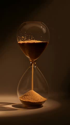 Flowing hourglass vertical video showing sand passing through narrow neck with amber glow