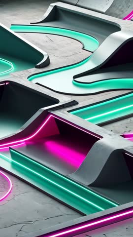 Orbiting vertical video revealing neon-lit futuristic sculpture with cyan and magenta light strips