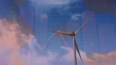 Wind Turbine Energy with Data Graphs on Sky Background