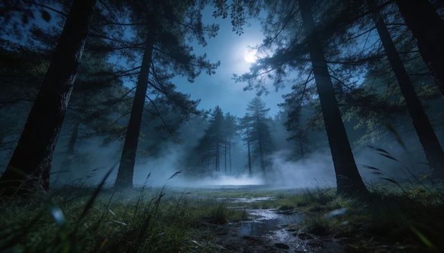Moonlit Mist in Pine Forest Clearing with Wet Trail and Shimmering Puddles at Night