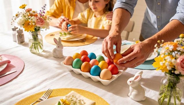 Family decorating colorful easter eggs at spring brunch table with floral centerpiece